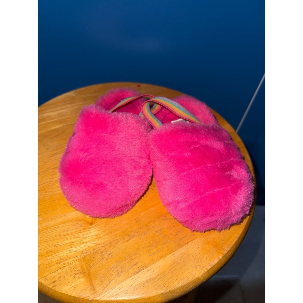 Carters Toddler Girls Pink Fuzzy Rainbow Strap Slippers Size 7/8 Medium